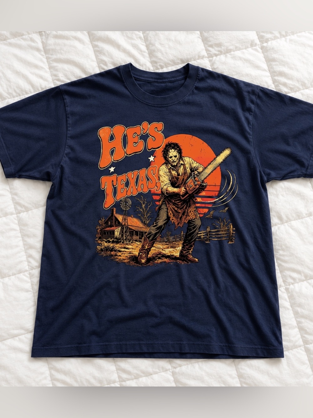 Men's Navy 'He's Texas' Graphic T-Shirt, Vintage Horror Tee